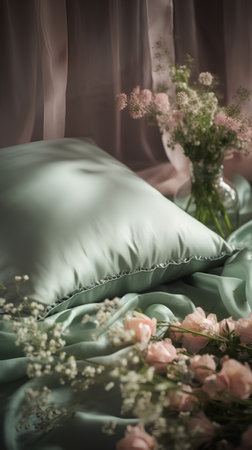 Beautiful flowers in a vase on the bed in the bedroomの素材