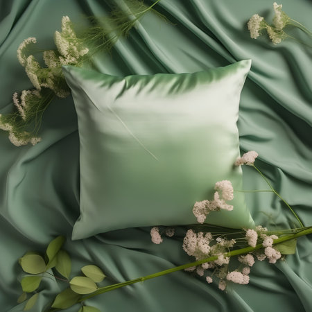 green pillow with flowers on the green satin cloth, 3d renderの素材
