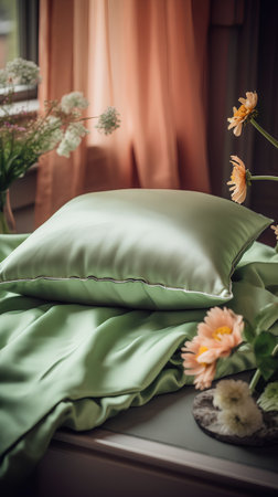 Green pillows on the bed with a bouquet of flowers.の素材