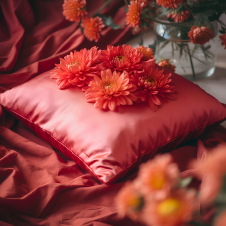 A bouquet of orange chrysanthemums on a red pillow.の素材