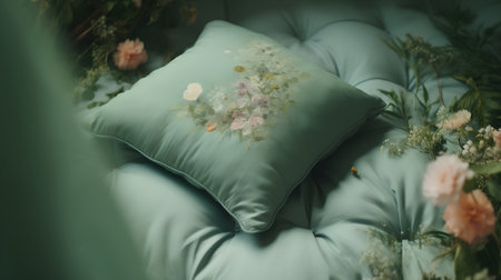 Luxury bedroom interior with green pillows and flowers, retro tonedの素材