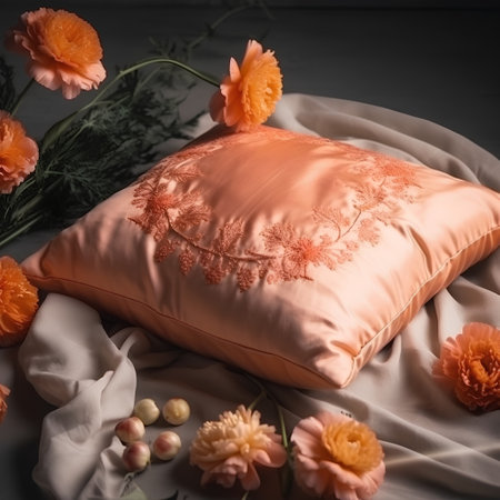 Pillow and orange flowers on a black background, soft focusの素材