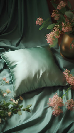 Comfortable bed with green linen and a vase with flowers.の素材