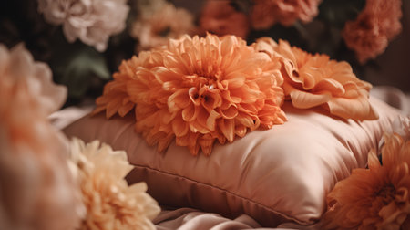 Beautiful orange chrysanthemum flowers on soft pillow, closeupの素材