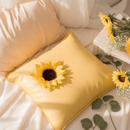 Yellow pillows with sunflowers on the bed in the morningの素材