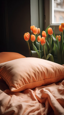 Bed with orange pillows and tulips on the windowsill.の素材