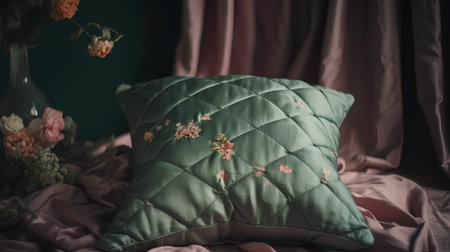 Green pillow on bed with a bouquet of flowers in a vaseの素材