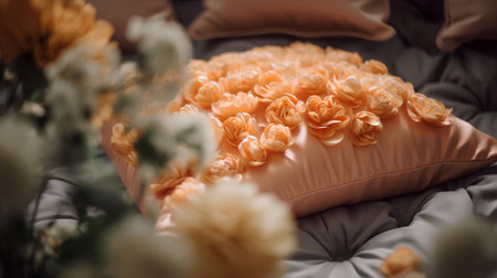 Cushion and bouquet of orange roses on the bed. Selective focus.の素材