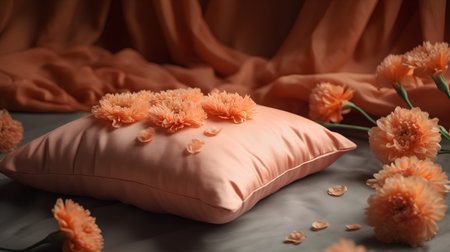 Cushion with orange carnation flowers on the bed, soft focus backgroundの素材