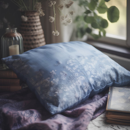 Pillow on a bed with a book and a vase of flowersの素材