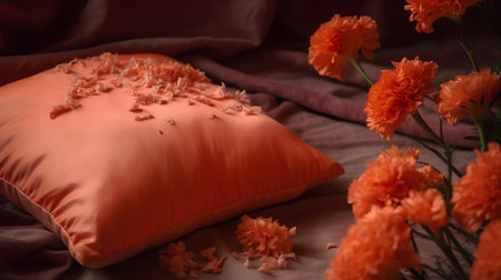 Orange color pillow with orange carnation flowers on the bed in bedroomの素材