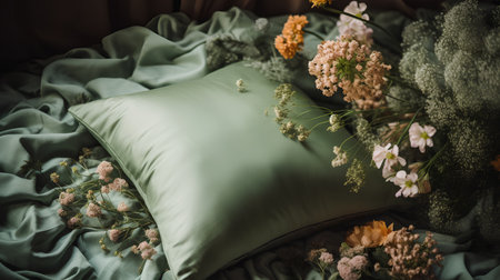 Beautiful pillow and bouquet of flowers on a bed. Toned.の素材