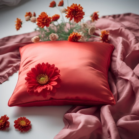 Red pillow with flowers on the bed. Shallow depth of field.の素材