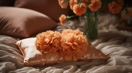 Bouquet of orange carnation flowers on pillows on bedの素材