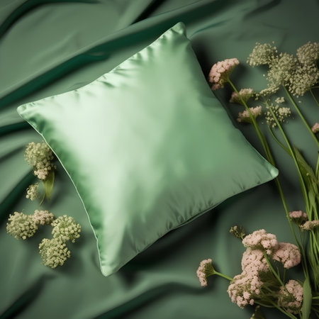 Pillow and flowers on green satin background. 3d renderingの素材