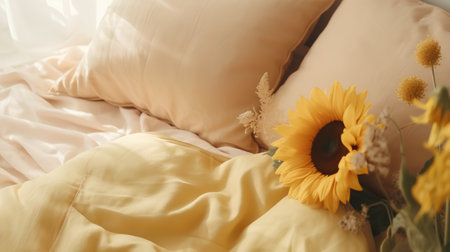 Beautiful sunflowers on the bed in the morning, soft focusの素材
