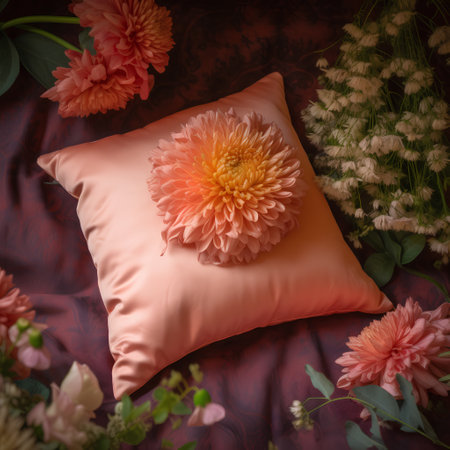 Pink pillow and flowers on a dark red background. Flat lay.の素材