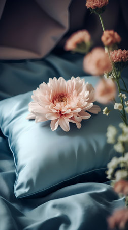 Pillow and flower on the bed. Selective focus.の素材