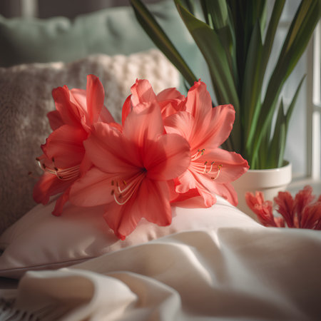 A bouquet of pink lilies on a bed in the interior.の素材
