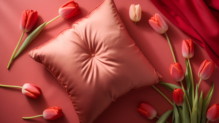 Top view of red pillow and bouquet of tulips on red backgroundの素材