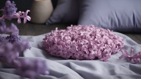 Bouquet of lilac flowers on the bed, selective focusの素材