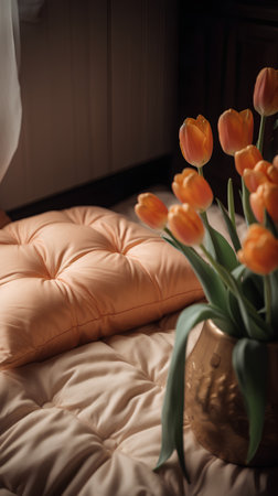 Bouquet of orange tulips in a vase on the bedの素材