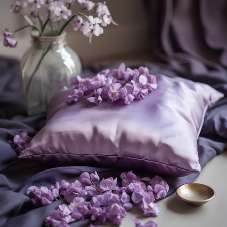 A bouquet of lilac flowers in a vase on a bedの素材