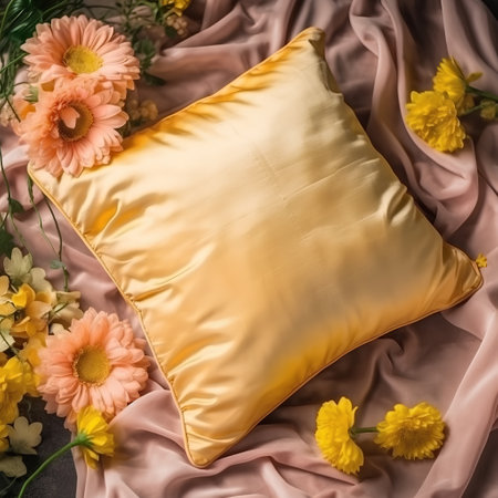 yellow pillow with flowers on satin background, top view, flat layの素材