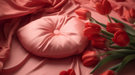 Red tulips and soft pillow on pink satin cloth. 3d renderingの素材