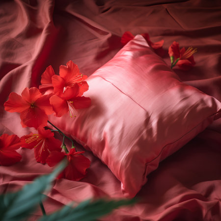 Beautiful red flowers on the bed. Floral background. Flat lay.の素材