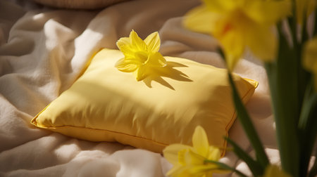 Yellow daffodils and pillows on bed, closeupの素材
