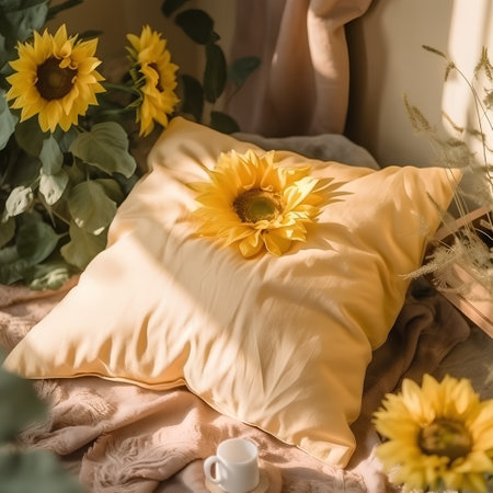 Yellow pillows with sunflowers and coffee cup on bedside tableの素材