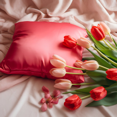 Beautiful bouquet of tulips and red pillow on the bedの素材