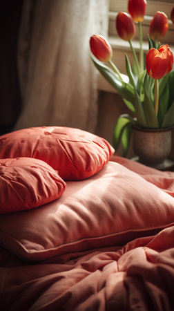 Red tulips and pillows on the bed in the morning.の素材