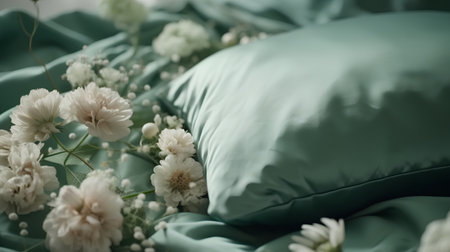 Close up of bedding sheets and flowers. Selective focus.の素材