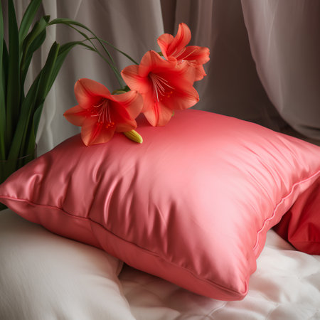 Pink pillows on the bed with a bouquet of flowers.の素材