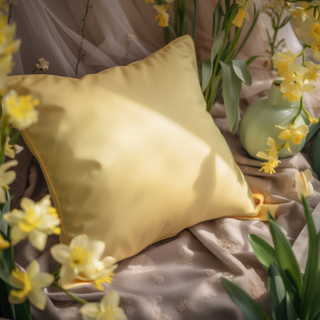 Yellow daffodils in vase and pillow on bed with linenの素材