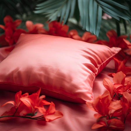 Red pillow with tropical flowers and palm leaves. Soft selective focus.の素材