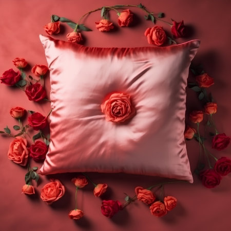 Red roses and pillow on red background, valentine's dayの素材