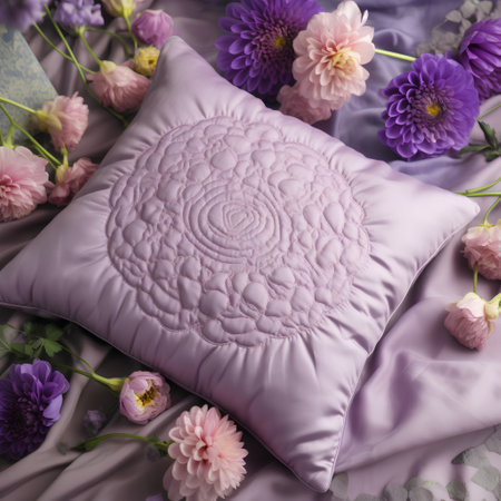 Beautiful pillow and flowers on a satin background, top viewの素材