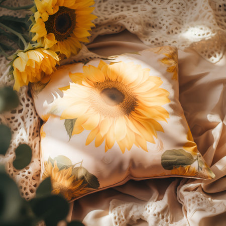 Beautiful sunflowers in pillows on a beige backgroundの素材