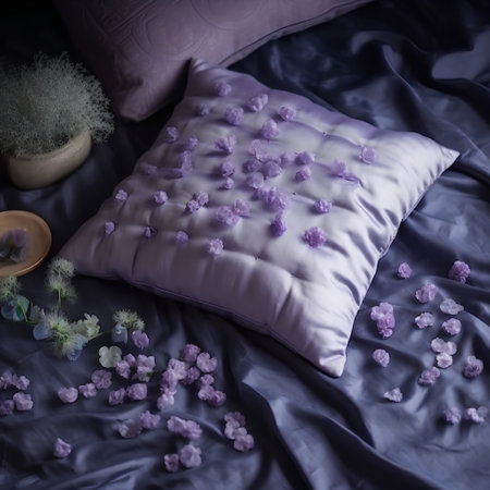 Comfortable bed with purple pillows and flowers in the morning.の素材
