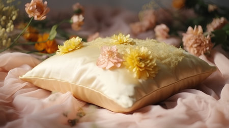Pillow with flowers on a soft pink fabric. Selective focus.の素材