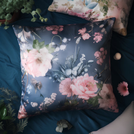 Pillow on bed with floral pattern, vintage color tone.の素材