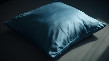 Blue soft pillow on a dark background. 3d rendering toned imageの素材