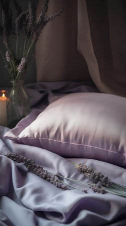 Lavender bouquet on the bed with a pillow and a candleの素材