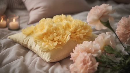 Bouquet of yellow carnation flowers on a white bed.の素材