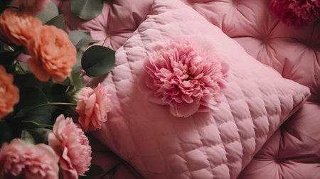 Beautiful bouquet of pink flowers on a soft pink pillow.の素材