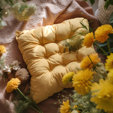 Yellow pillows with flowers on the bed. Flat lay, top viewの素材