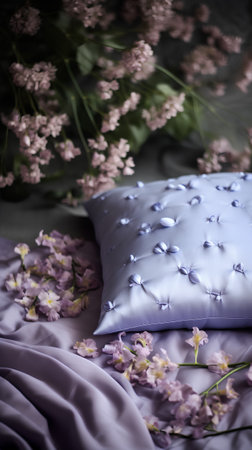Beautiful pillow with flowers on the bed. Selective focus.の素材